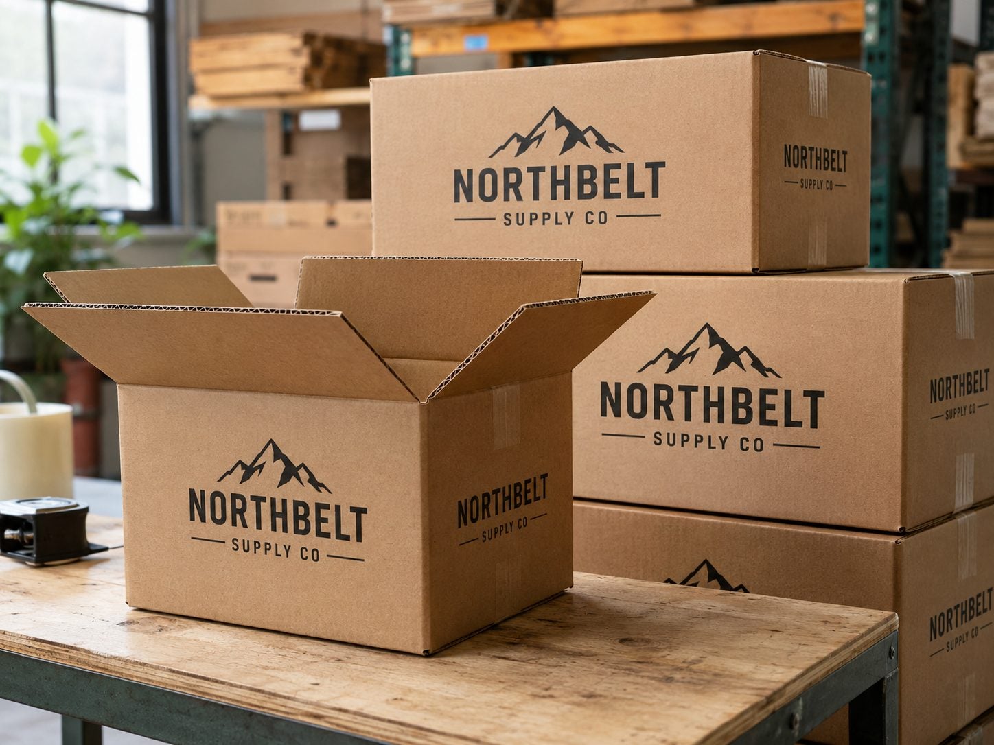 Printed corrugated box for e-commerce shipping stacked on a warehouse pallet with an invented brand logo