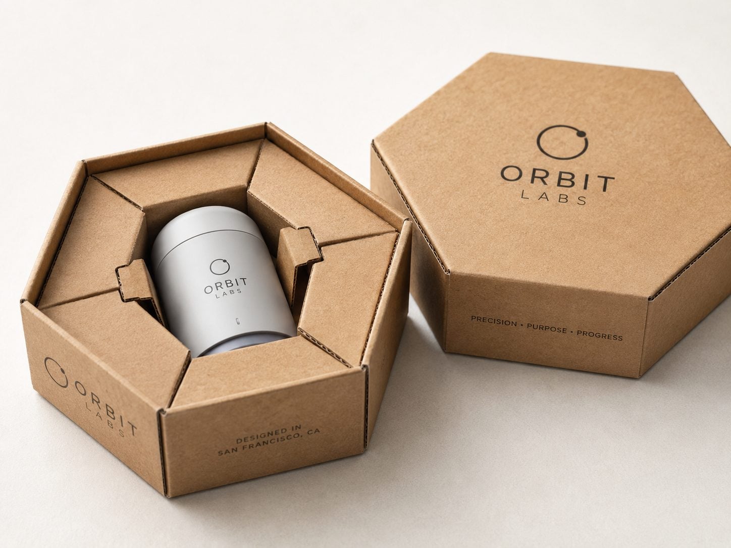 Printed corrugated box for a custom-shaped product with a fitted insert and an invented brand