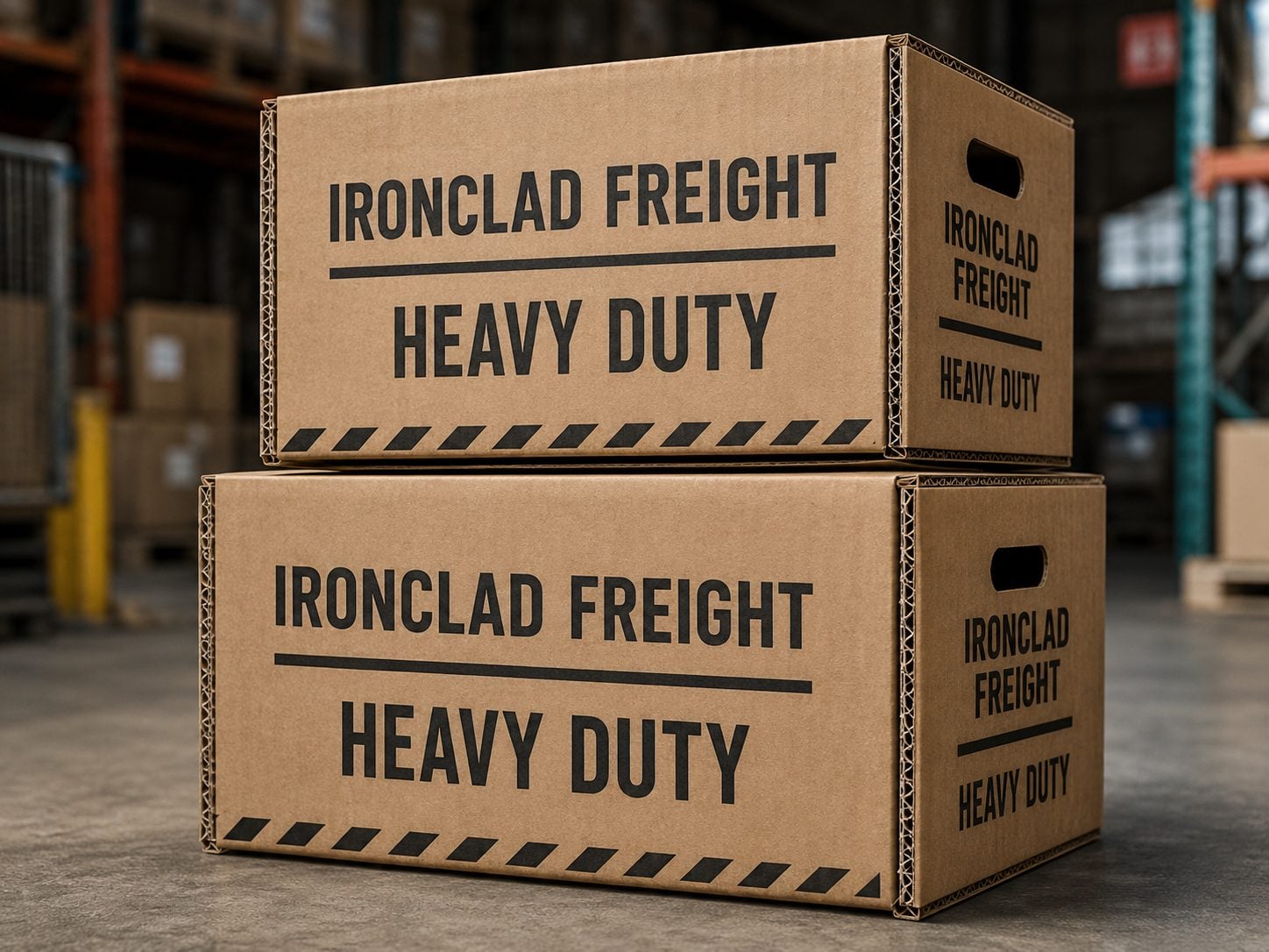 Printed corrugated box for heavy freight strapped on a pallet with an invented industrial brand