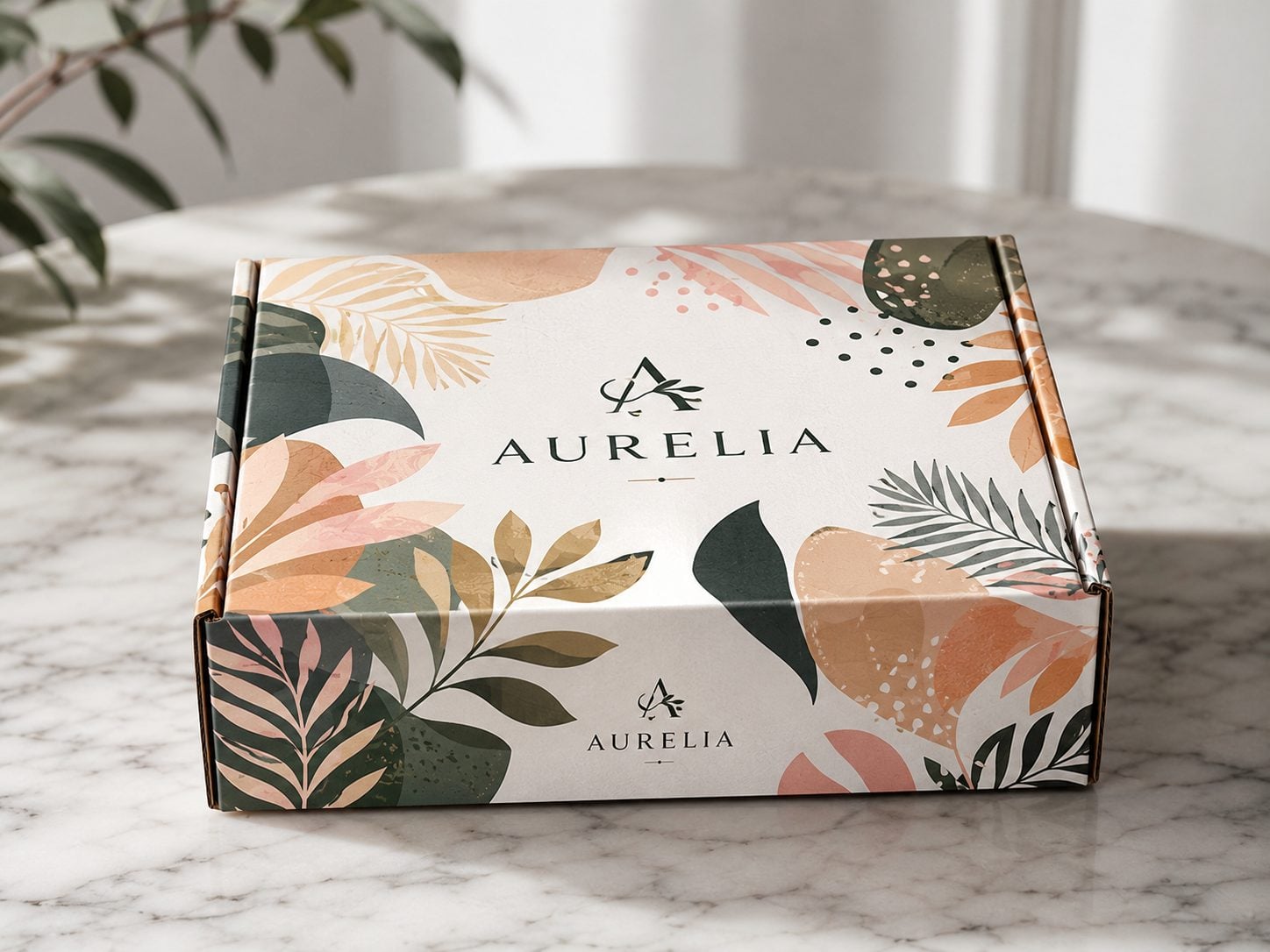 Printed corrugated box for an e-commerce unboxing on a table with an invented brand interior graphics