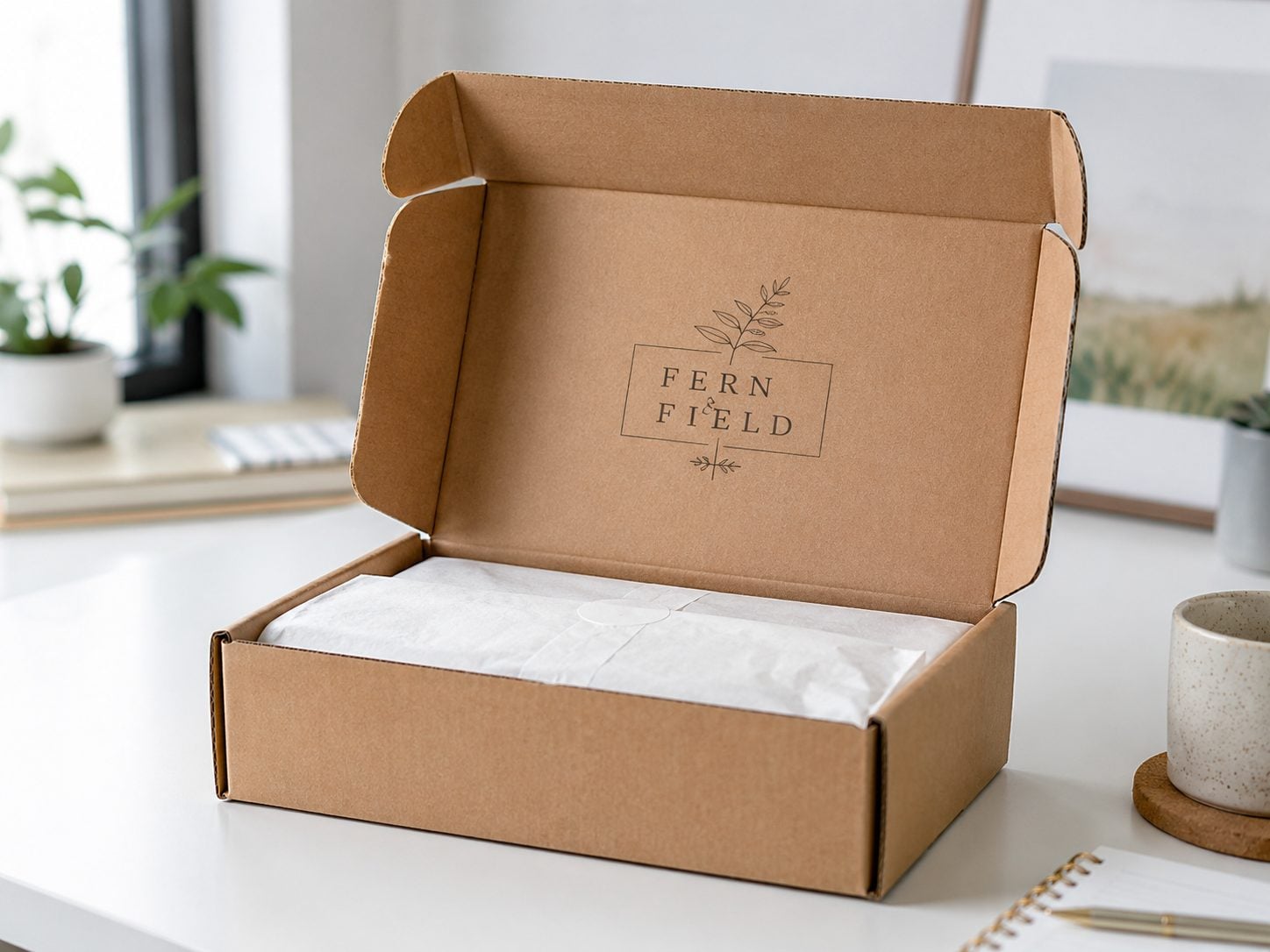 Printed corrugated box for a subscription mailer opened on a doorstep with an invented brand