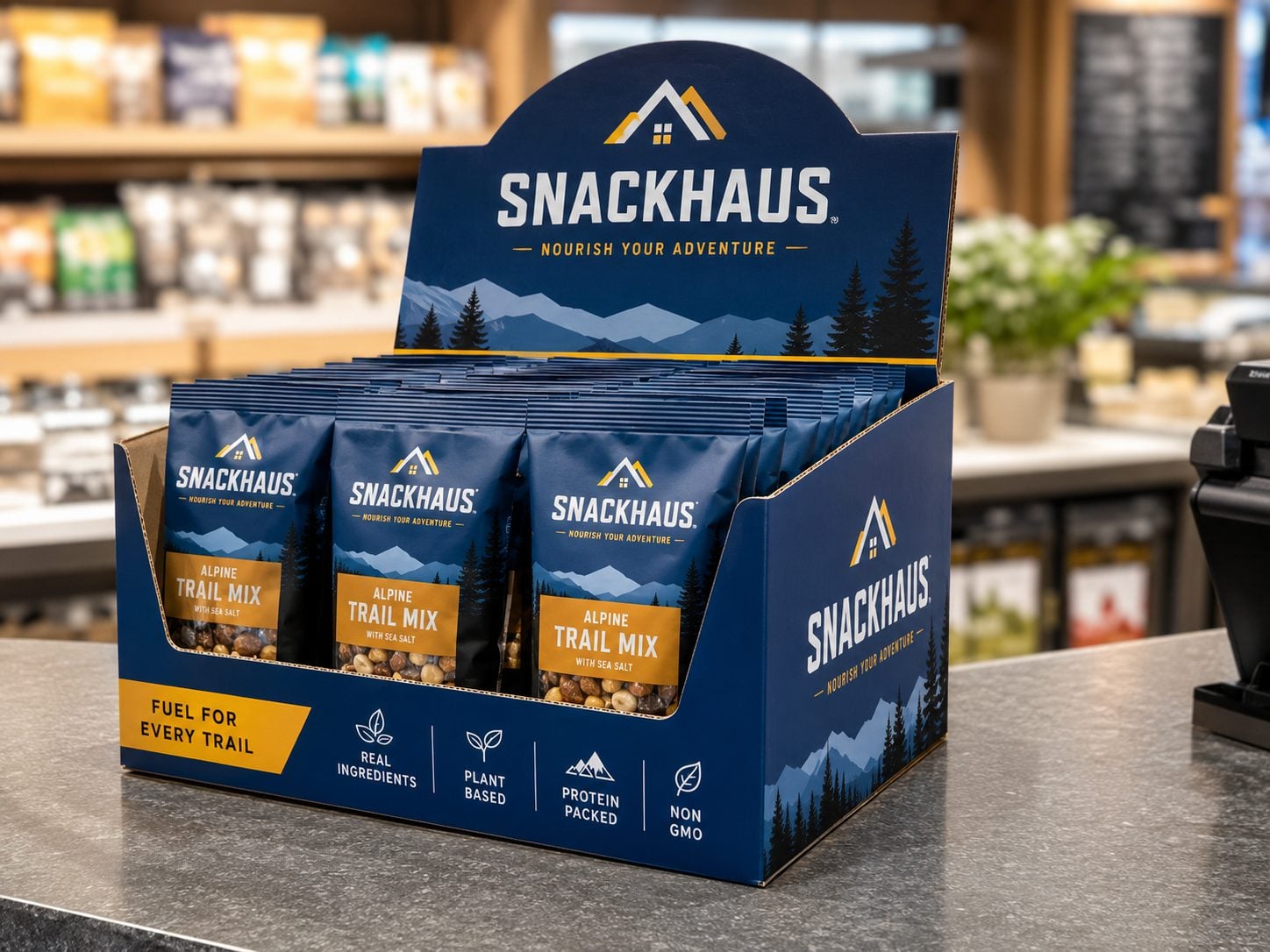 Printed corrugated box for a shelf-ready retail display in a store aisle with an invented brand
