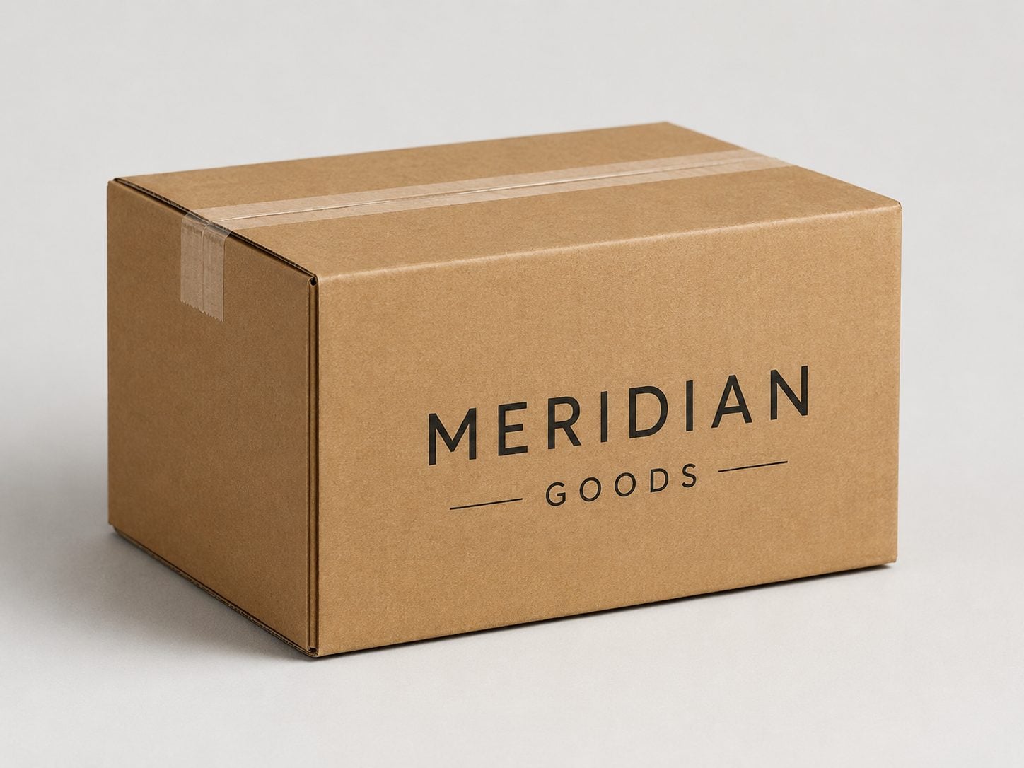 Printed corrugated box for e-commerce shipping sealed and stacked on a pallet with an invented brand