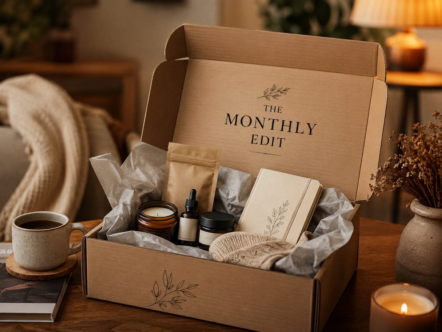 Printed corrugated box for a subscription shipment on a doorstep with an invented brand