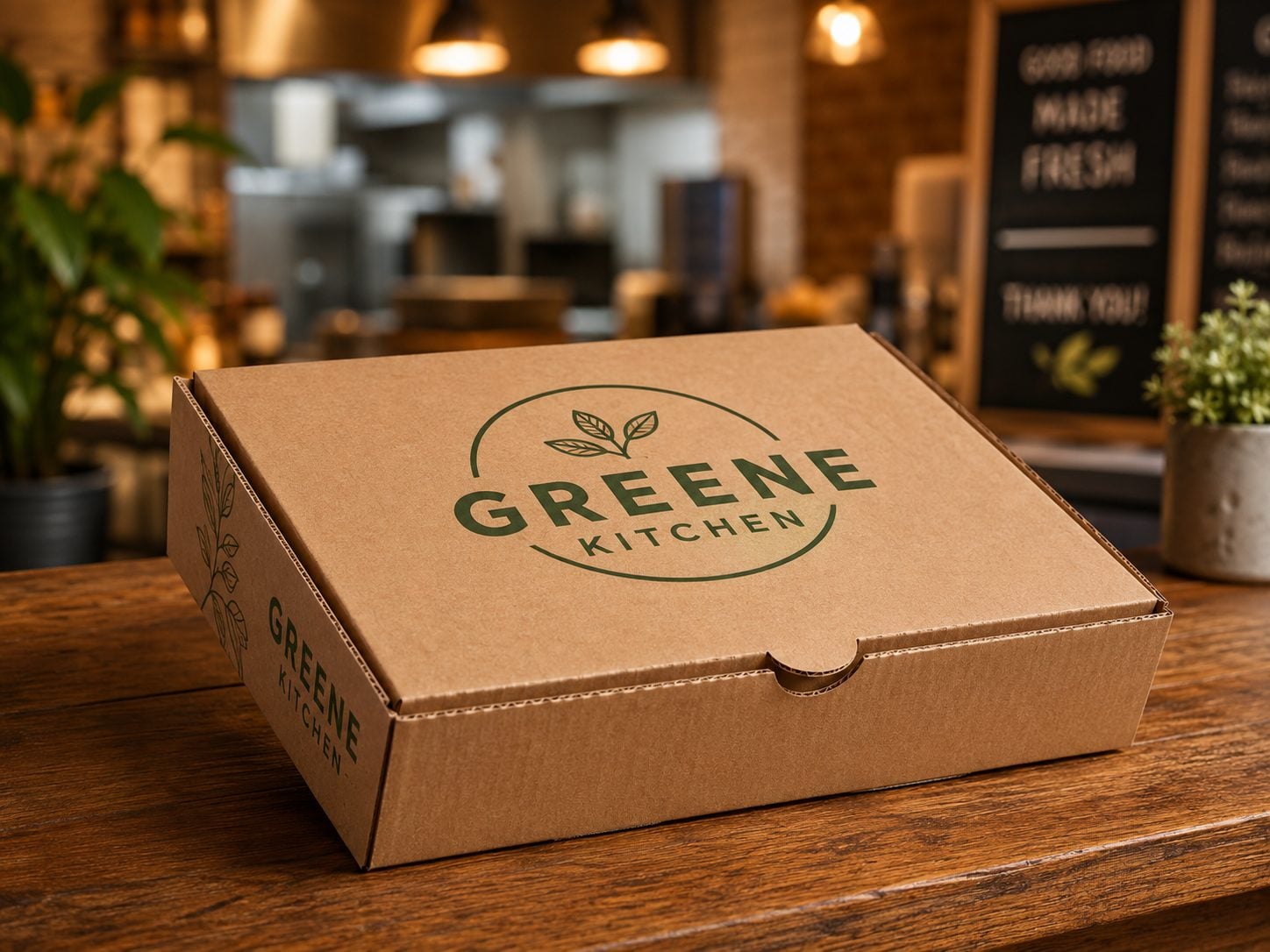 Printed corrugated box for packaged food and beverage cases with an invented brand