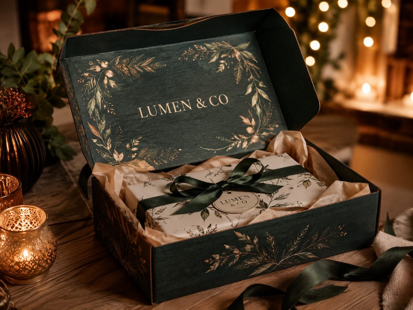Printed corrugated box for a gift set opened on a table with an invented brand interior graphics