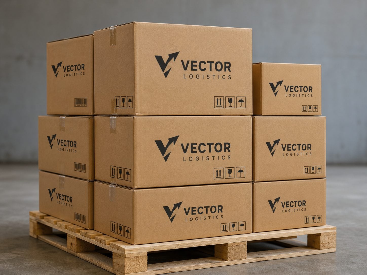Printed corrugated box for heavy industrial parts strapped on a pallet with an invented brand