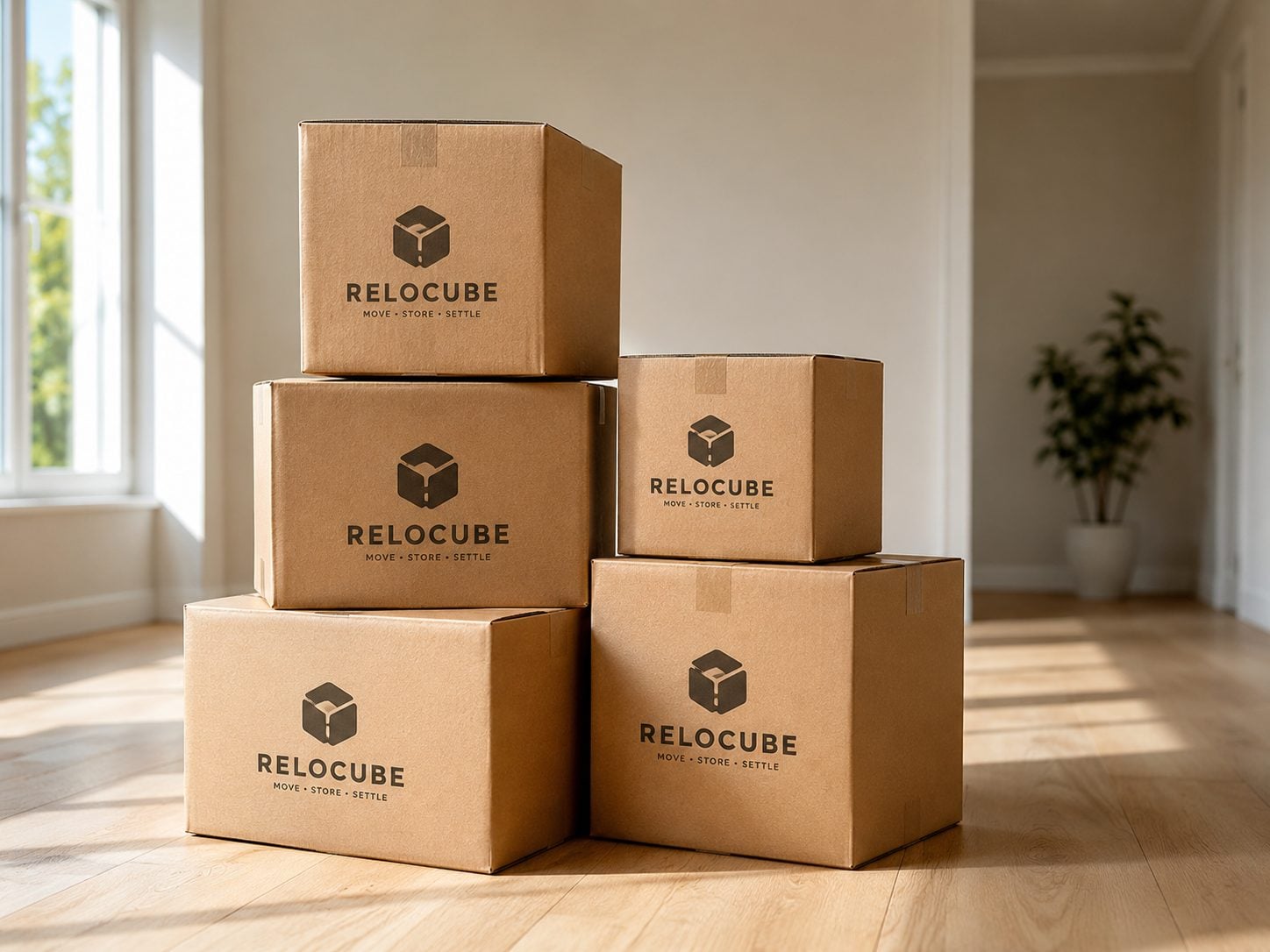 Printed corrugated box for moving and storage stacked in a room with an invented brand