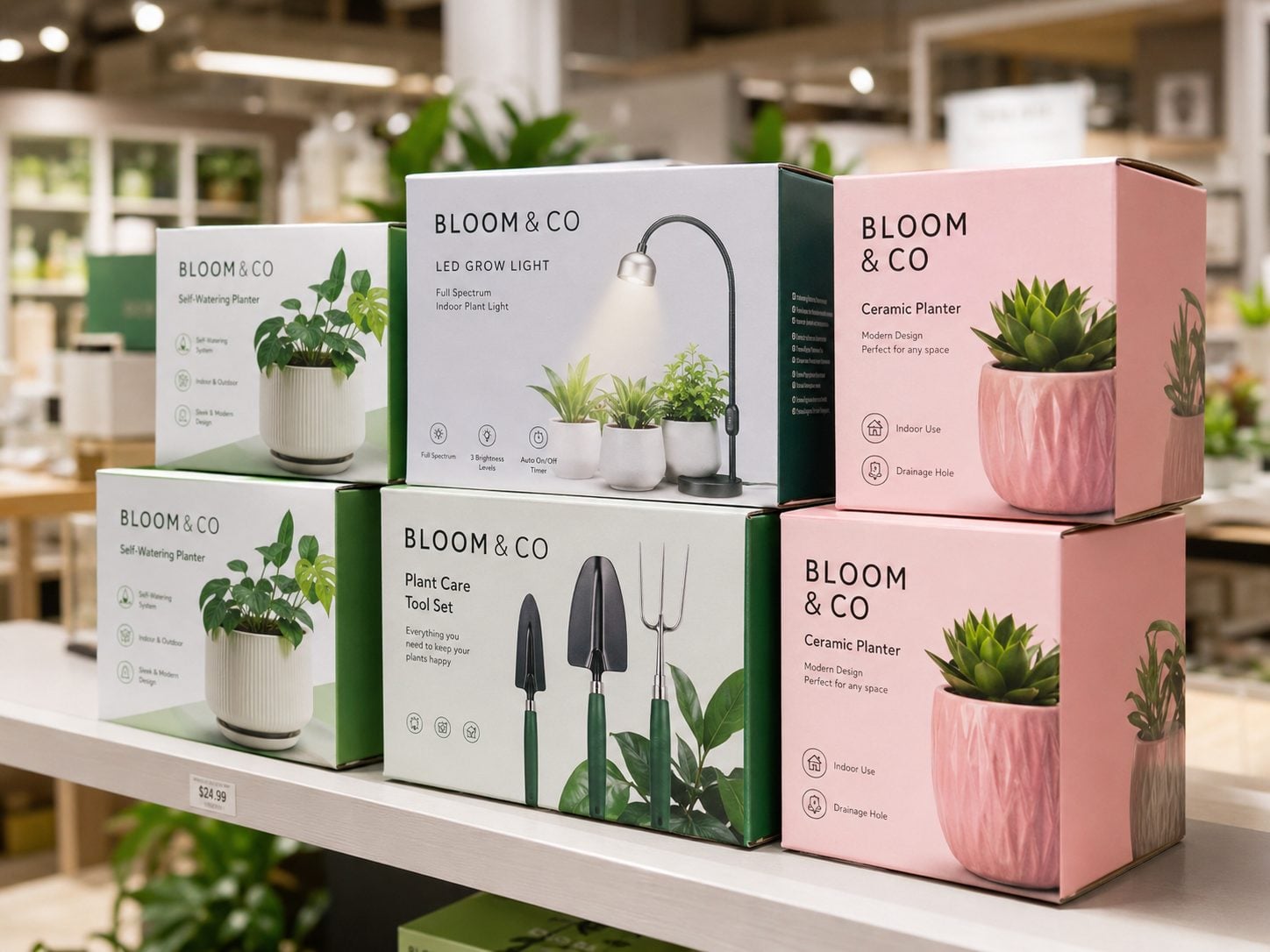 Printed corrugated box for a shelf-ready retail display in a store aisle with an invented brand